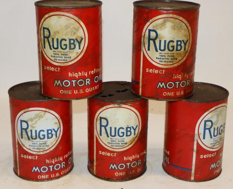 Group of 5 Rugby One Quart Composite Oil Cans: Empty. 32oz each