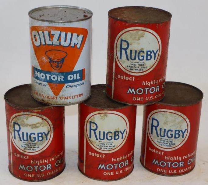 Group of 5 Rugby, and Oilzum One Quart Composite Oil Cans: Empty. 32oz each