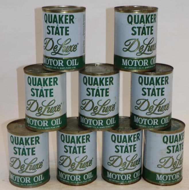 Group of 9 Quaker State Deluxe One Quart Metal Oil Cans: Empty. 32oz each
