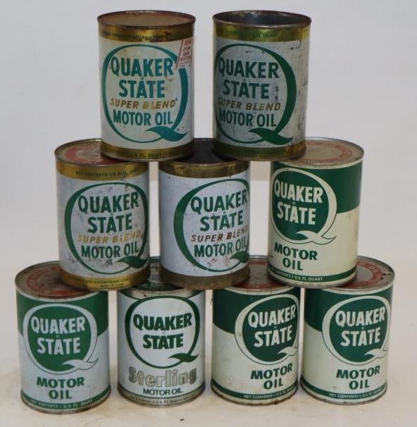 Group of 9 Quaker State One Quart Metal Oil Cans: Empty. 32oz each