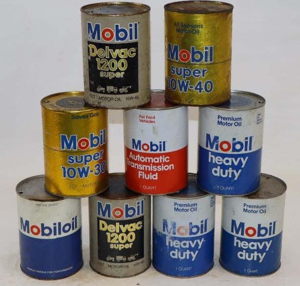 Group of 9 Mobil One Quart Composite Oil Cans: Empty. 32oz each