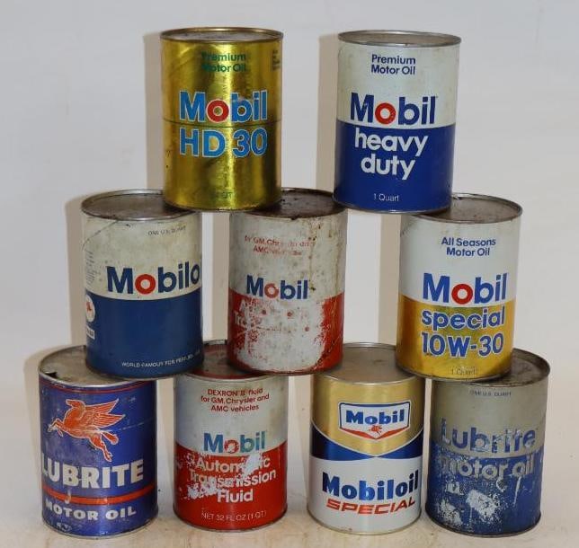 Group of 9 Mobil One Quart Composite Oil Cans: Empty. 32oz each