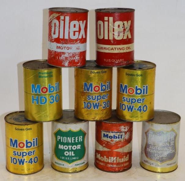 Group of 9 Mobil, Pioneer, and Oilex One Quart Composite Oil Cans: Empty. 32oz each