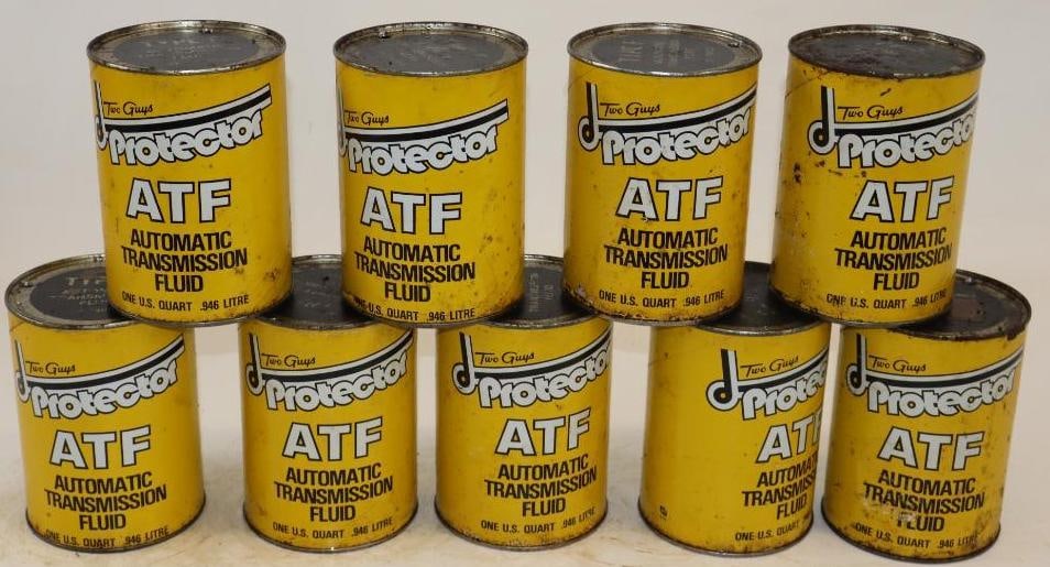 Group of 9 Two Guys Protector ATF One Quart Composite Oil Cans: Empty. 32oz each
