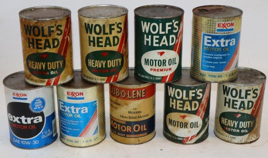 Group of 9 Wolf's Head, Exxon, and Lub-O-Lene One Quart Composite Oil Cans: Empty. 32oz each