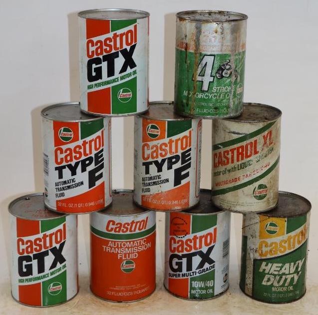 Group of 9 Castrol One Quart Composite Oil Cans: Empty. 32oz each