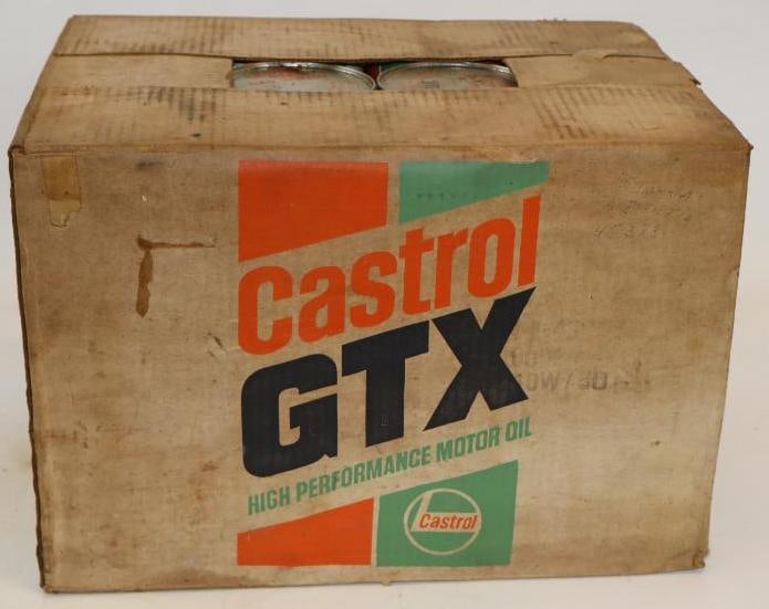 Group of 23 Castrol GTX One Quart Composite Oil Cans in Sealed Original Case: All are full. 32oz each, box measures 16.5" x 12.5" x 11.25"