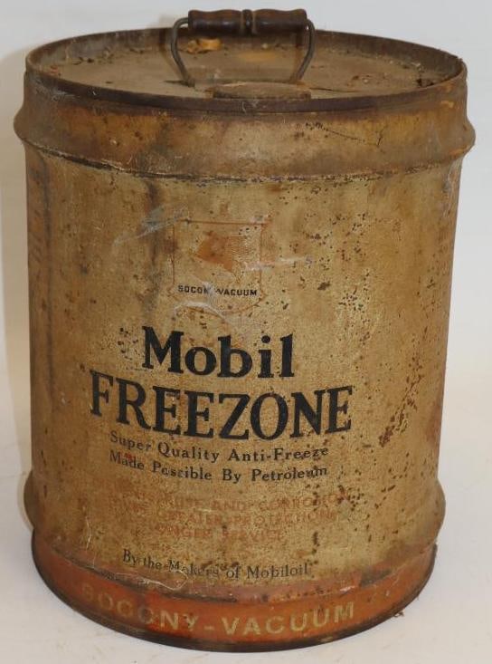 Socony-Vacuum Mobil Frezone Antifreeze Five Gallon Metal Oil Can: 12" x 12" x 13.5"