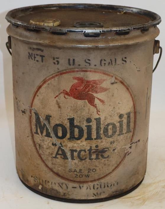 Socony-Vacuum Mobiloil Arctic Five Gallon Metal Oil Can: Missing cap. 12" x 12" x 13.5"
