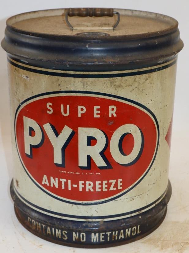Super Pyro Antifreeze Five Gallon Metal Oil Can: Missing cap. 12" x 12" x 13.5"