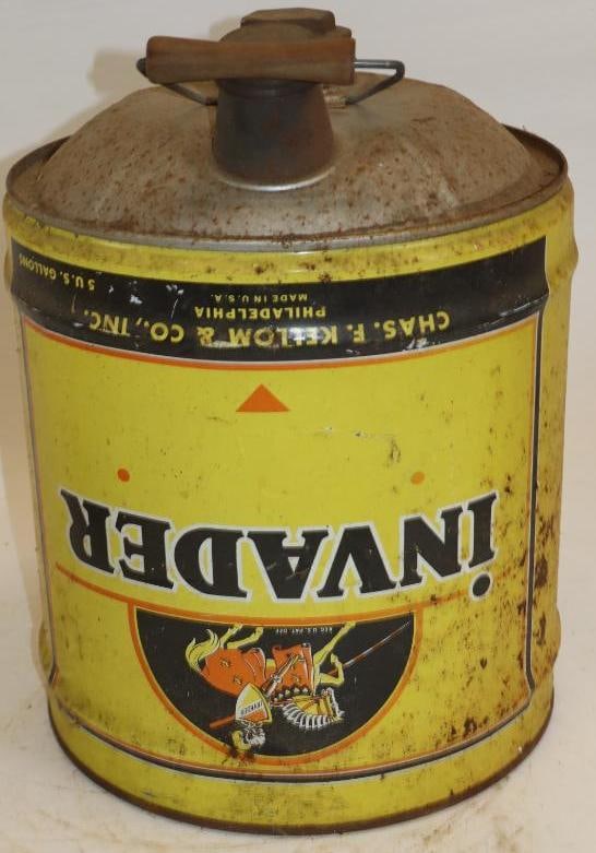 Invader Five Gallon Metal Oil Can with Factory Flaw Upside Down Image: 12" x 12" x 16"