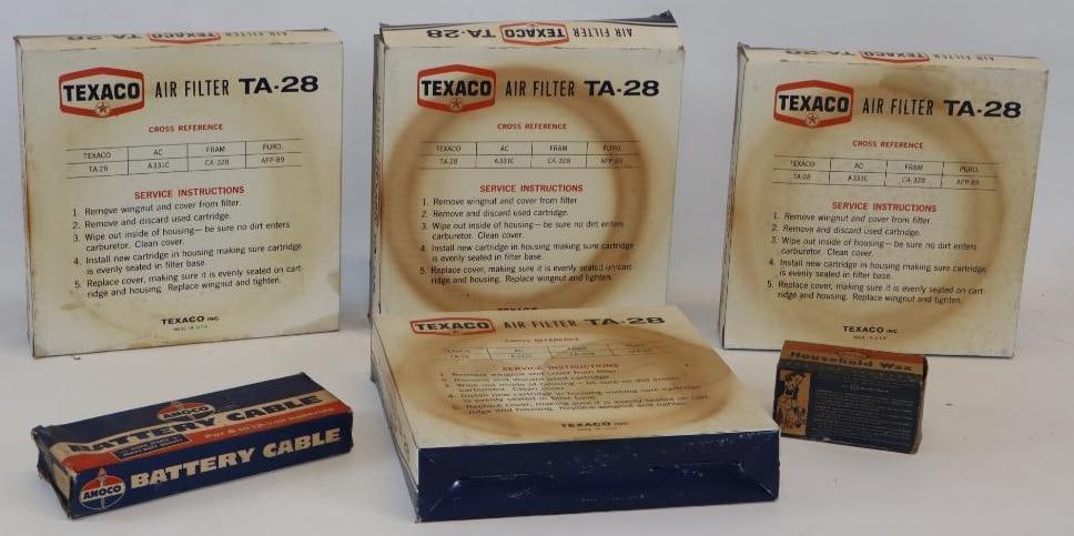 Group of 6 Texaco, Amoco, and Esso Air Filters, Battery Cable, and Household Wax in Original Boxes: Esso box is empty. Largest is 12" x 12" x 2.5"