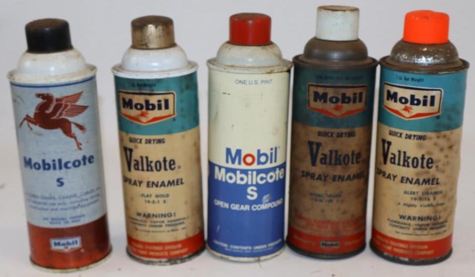 Group of 5 Mobil, Valkote, and Mobilcote Paint and Lubrication Cans: Largest is 16oz