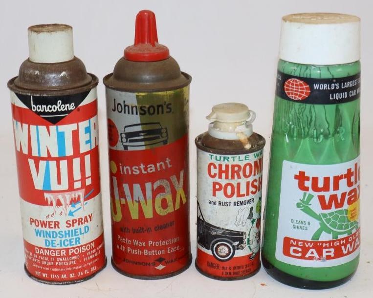 Group of 4 Turtle Wax, Johnsons, and Barcolene Wax Polish and Windshield Deicer Cans and Bottle: Largest is 18oz