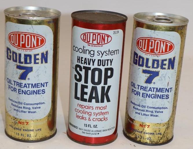 Group of 3 Du Pont Golden 7 and Stop Leak Oil Cans: Full. 15oz each