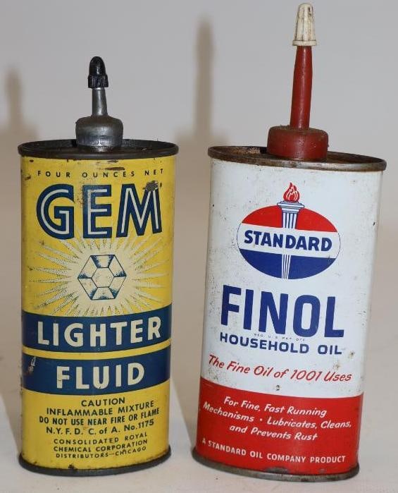 Group of 2 Standard Finol and Gem Lighter Fluid Oval Handy Oiler Cans: Largest is 4oz