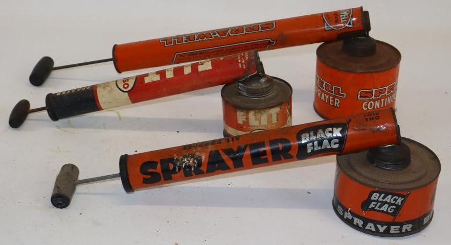 Group of 3 Esso, Spray-Well, and Black Flag Insect Continuous Sprayers: Largest is 4" x 15" x 5.5"
