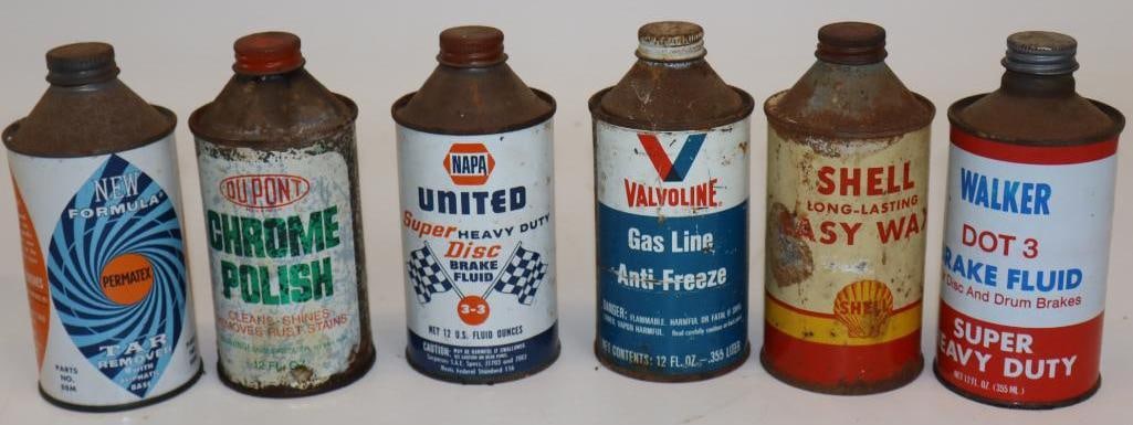 Group of 6 Antifreeze, Polish, and Wax Conetop Auto Cans: 16oz each