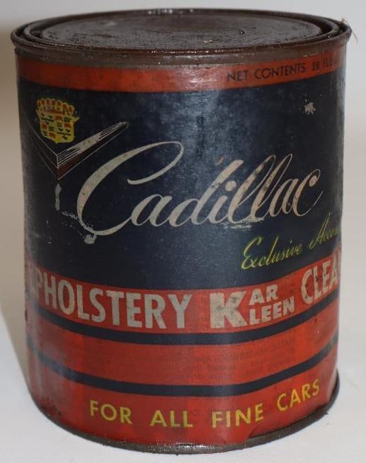 Cadillac Upholstery Kar Kleen Can with Paper Label: Paper label has tape repairs and is stained. 4.25" x 4.25" x 5"