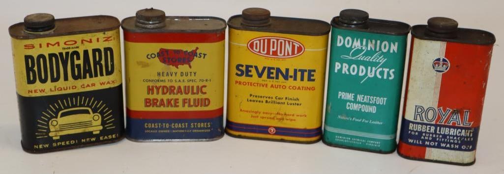 Group of 5 Lubricant and Wax Advertising Automotive Cans: Largest is 12oz
