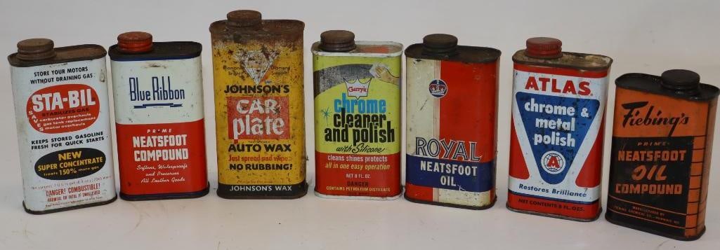 Group of 7 Wax Lubricant and Polish Advertising Automotive Cans: Largest is 8oz