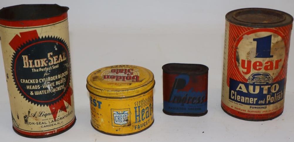 Group of 4 Polish, Radiator Seal, and Faucet Washer Advertising Cans: Largest is 16oz