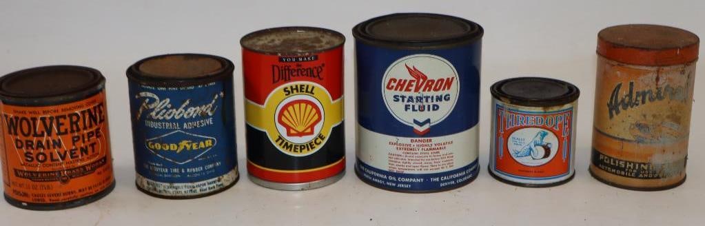Group of 6 Goodyear, Chevron, and Other Auto Related Advertising Tins: Shell can is for a wrist watch. Largest is 20oz