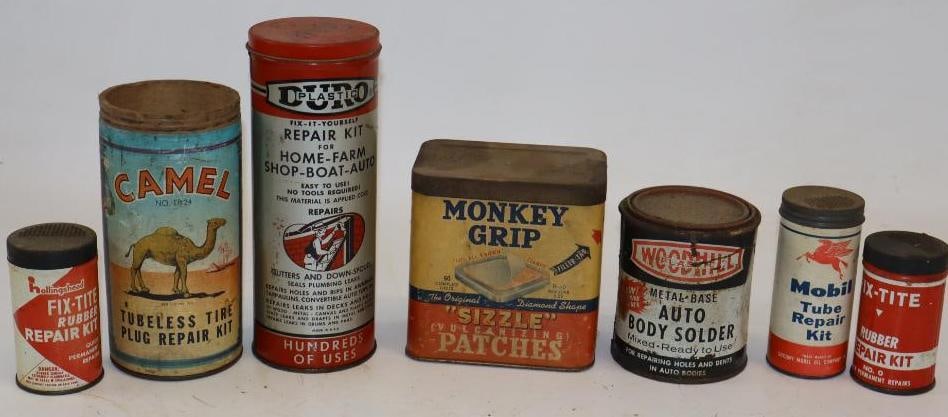 Group of 7 Tire and Auto Body Repair Kit Cans: Largest is 4.5" x 3.25" x 4.75"