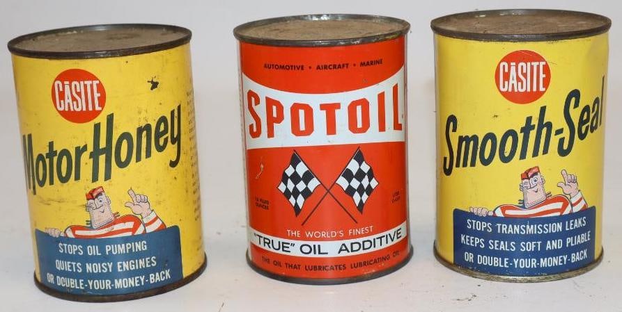 Group of 3 Casite, and Spotoil Oil Additive Cans: Motor Honey can is full. 15oz each