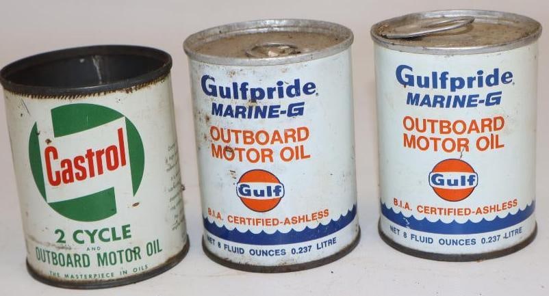Group of 3 Gulfpride and Castrol Outboard Oil Cans: Castrol is empty and missing lid. 8oz each