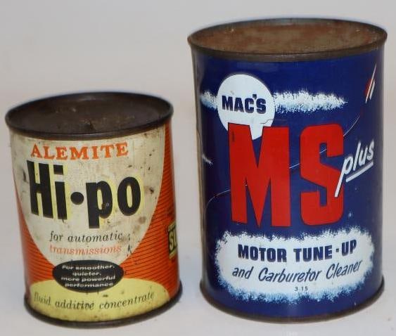 Group of 2 Mack's MS Plus, and Alemite Hypo Oil Additive Cans: Hypo is empty. Largest is 15oz