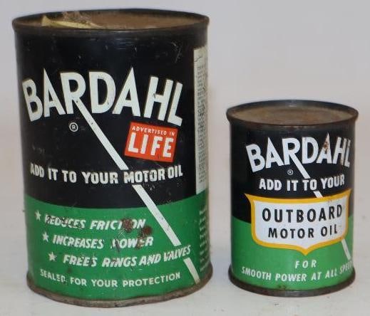 Group of 2 Bardahl Outboard and Additive Oil Cans: Outboard is full. Largest is 16oz