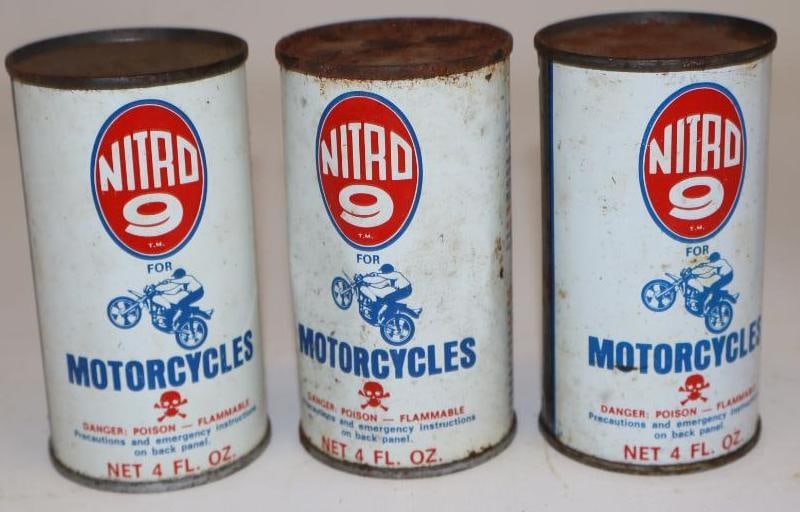Group of 3 Nitro 9 Motorcycle Engine Fuel Additive Cans: 4oz each