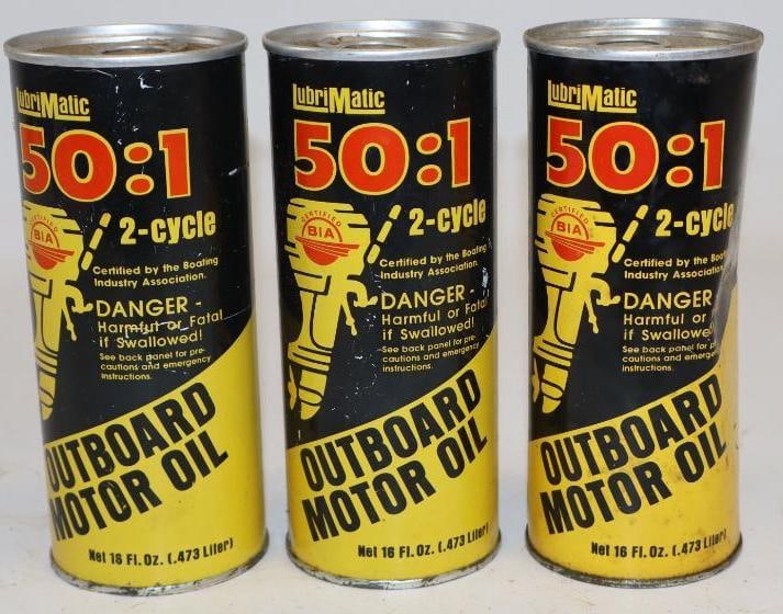 Group of 3 Lubrimatic Outboard One Pint Oil Cans: Full. 16oz each
