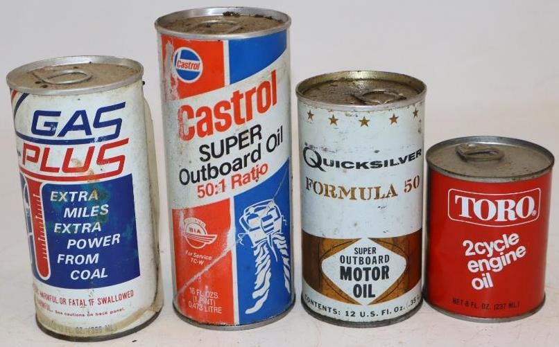 Group of 4 Castrol, Quicksilver, Toro, and Gas Plus Outboard Oil Cans: Largest is 16oz