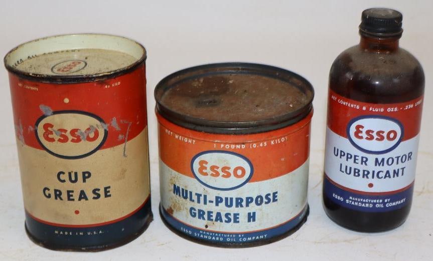 Group of 3 Esso Grease and Upper Motor Lubricant Cans and Bottle: Largest is 16oz
