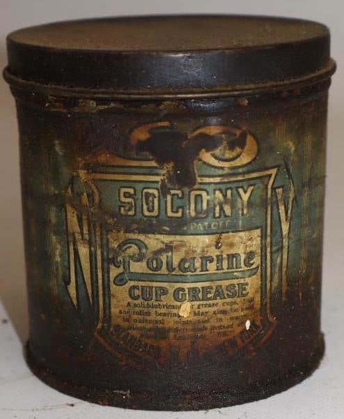 Early Socony Polarine One Pound Grease Can: Empty. 16oz