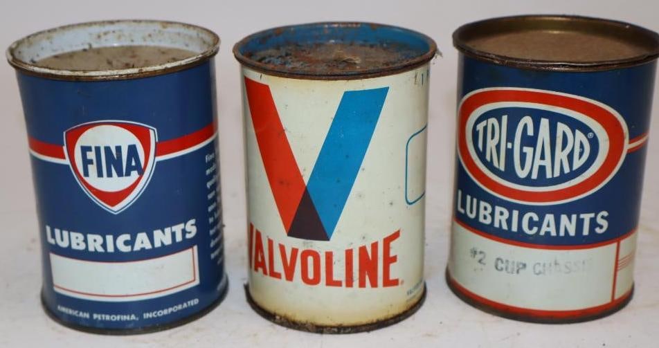 Group of 3 Tri-Gard, Valvoline, and Fina One Pound Grease Cans: 16oz each
