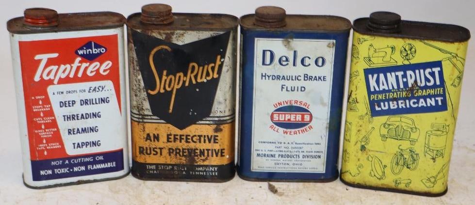 Group of 4 Oil, Brake Fluid, and Rust Preventative One Pint Advertising Cans: 16oz each