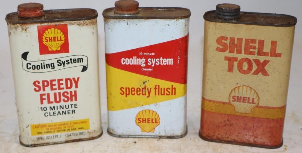 Group of 3 Shell Speedy Flush and Tox One Pint Advertising Cans: 16oz each