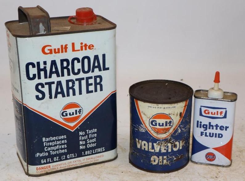 Group of 3 Gulf Charcoal Lighter Fluid, and Valve Oil Cans: Largest is 64oz