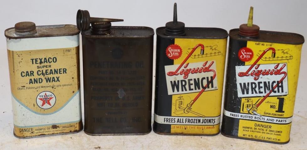 Group of 4 Liquid Wrench, Military, and Texaco Oil and Wax One Pint Cans: 16oz each