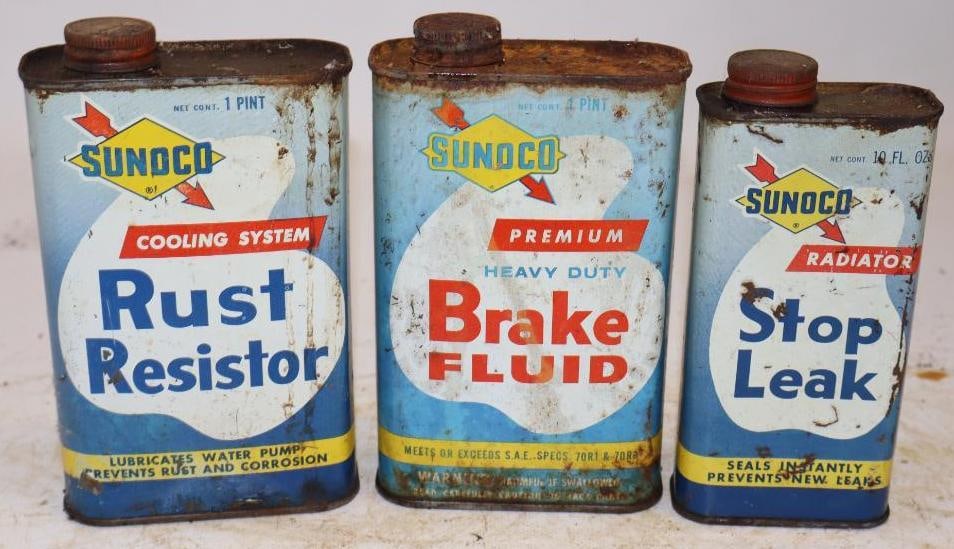 Group of 3 Sunoco Brake Fluid, Rust Resistor, and Stop Leak Cans: Largest is 16oz