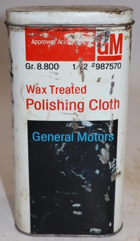 General Motors Wax Treated Polishing Cloth Advertising Tin: Tin is empty. 3.5" x 1.5" x 7"