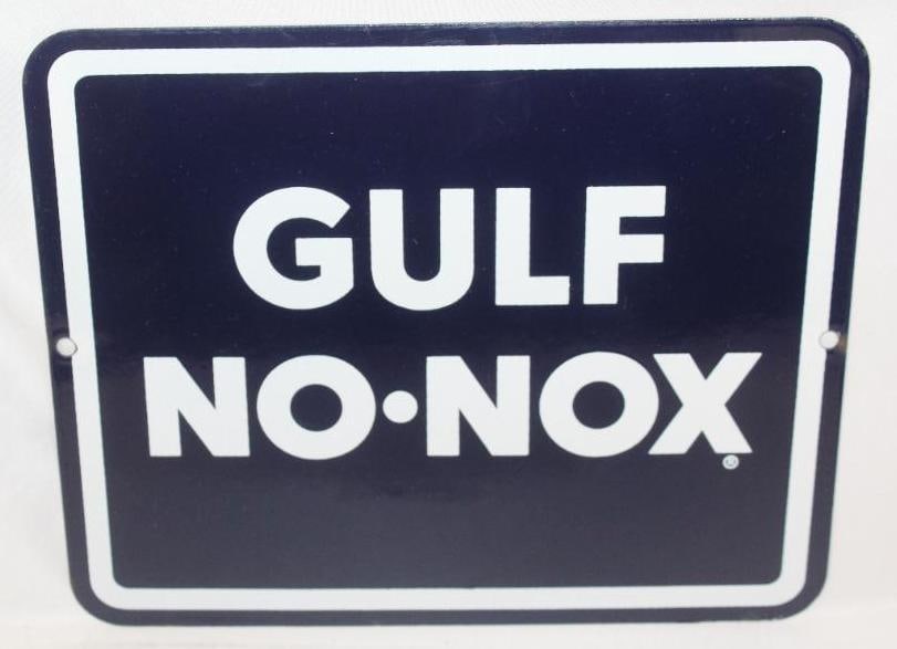 Gulf No-Nox Porcelain Pump Plate Sign: This sign is in excellent overall condition with only minor wear. It measures 8.5" x 10.5" and is graded a 9+.