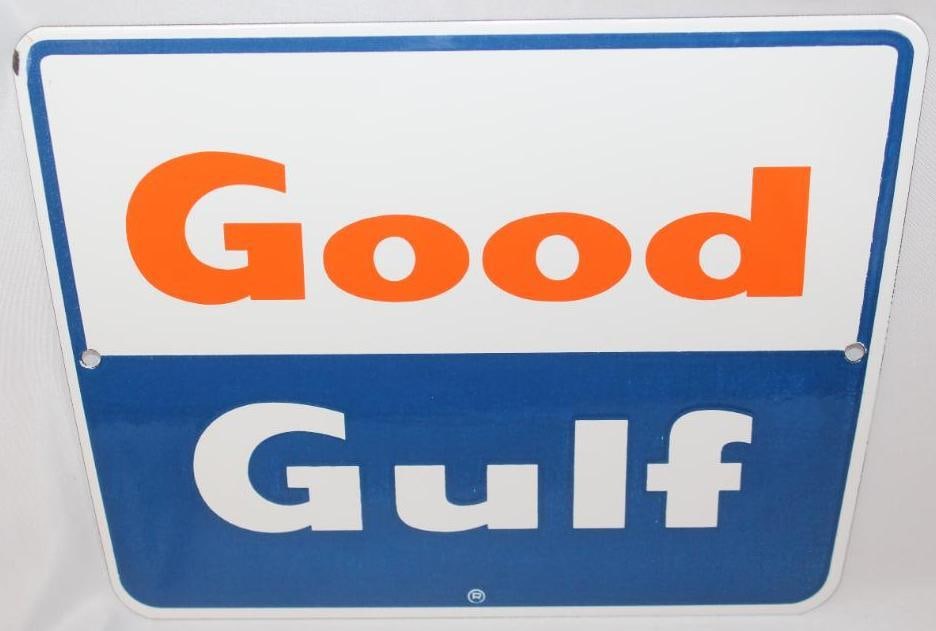 Good Gulf Porcelain Pump Plate Sign: This sign is in excellent overall condition with only minor wear. It measures 8.5" x 11.25" and is graded 9+.