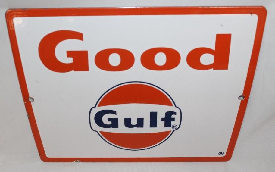 Good Gulf Porcelain Pump Plate Sign: This sign has some light wear but is in overall very good condition. This sign measures 8.5" x 11.25" and is graded a 9.