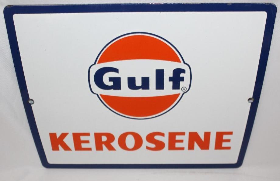 Gulf Kerosene Porcelain Pump Plate Sign: This sign has great color and gloss and is in excellent overall condition. It measures 8.5" x 11.25" and is graded a 9+.