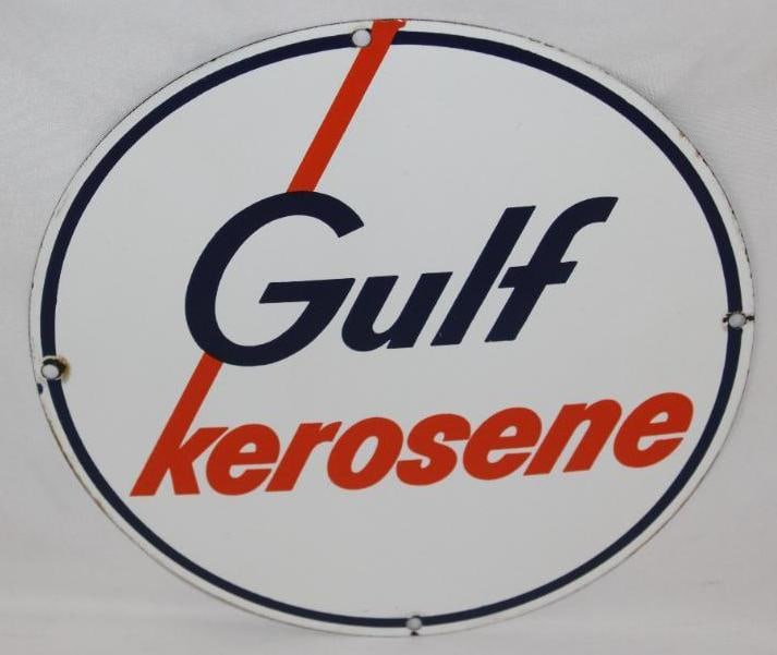 Gulf Kerosene Porcelain Pump Plate Sign: This sign is in excellent overall condition with great color and gloss. It measures 10.5" x 10.5" and is graded a 9+.
