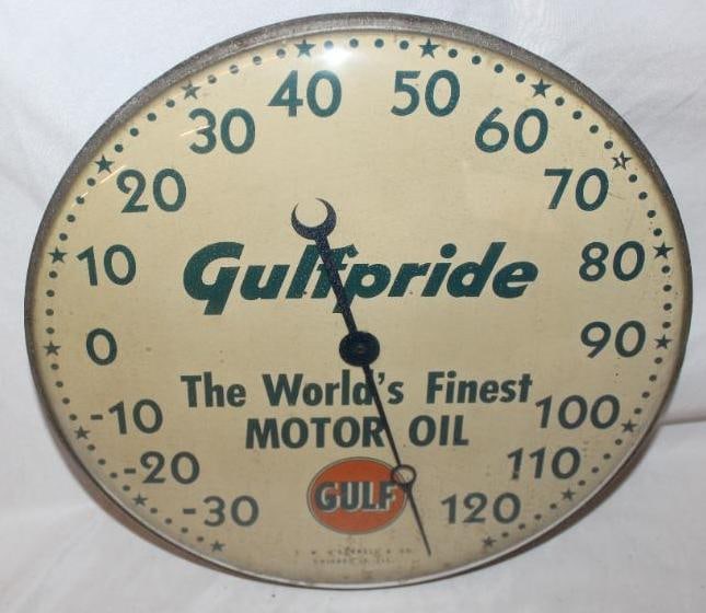 Gulfpride The Worlds Finest Motor Oil Advertising Thermometer: This thermometer is marked TW O'Connell. It has the original glass front and the thermometer is not working. The advertisement is in good condition with some slight discoloration to the white. It meas